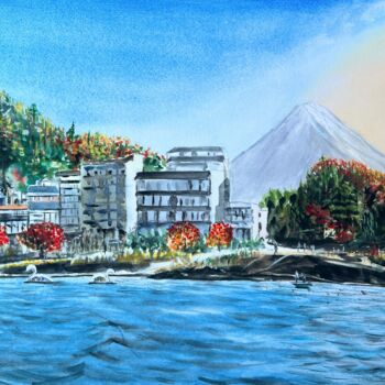 Картина под названием "Lake Kawaguchi and…" - Cheng Chen, Подлинное произведение искусства, Акварель
