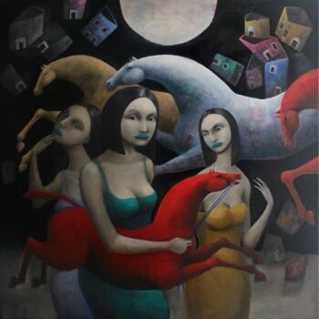 Картина под названием "Caballo de la noche" - Hector Acevedo, Подлинное произведение искусства, Масло
