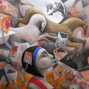 Картина под названием "Caballos de la noche" - Hector Acevedo, Подлинное произведение искусства, Масло Установлен на Деревян…