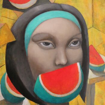 Pintura titulada "Dama con sandia" por Hector Acevedo, Obra de arte original, Oleo Montado en Bastidor de camilla de madera