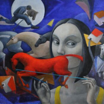 Peinture intitulée "Cabalgata en azul" par Hector Acevedo, Œuvre d'art originale, Huile Monté sur Châssis en bois