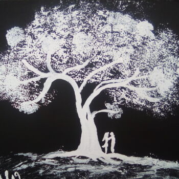 Painting titled "Amantes en la obscu…" by Héctor Villela, Original Artwork, Acrylic Mounted on Wood Panel