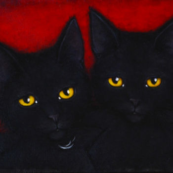 Schilderij getiteld "Christie's Cats" door Heidi Shaulis, Origineel Kunstwerk, Olie