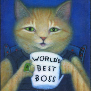 Painting titled "World's Best Boss" by Heidi Shaulis, Original Artwork, Oil Mounted on Wood Stretcher frame