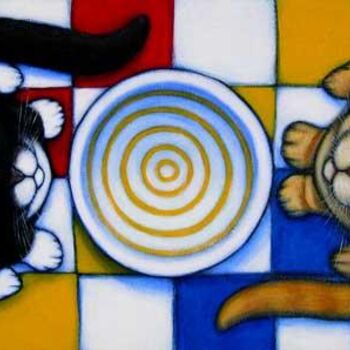 Pintura titulada "2 Hungry Cats" por Heidi Shaulis, Obra de arte original