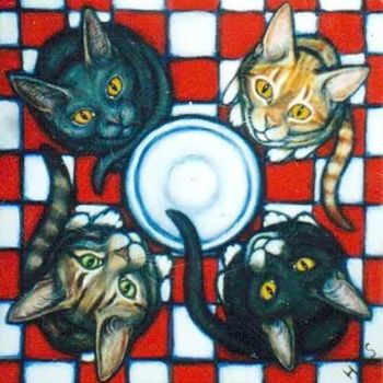 Painting titled "4 Hungry Cats" by Heidi Shaulis, Original Artwork