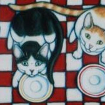 Painting titled "6 Hungry Cats" by Heidi Shaulis, Original Artwork