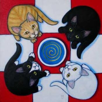 绘画 标题为“4 Hungry Cats” 由Heidi Shaulis, 原创艺术品