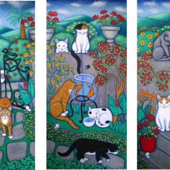 Peinture intitulée "Le Jardin des Chats" par Heidi Shaulis, Œuvre d'art originale