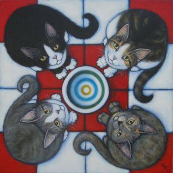 Painting titled "4 Hungry Cats" by Heidi Shaulis, Original Artwork
