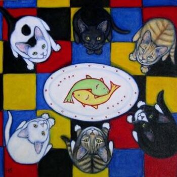 Painting titled "6 Hungry Kittens" by Heidi Shaulis, Original Artwork