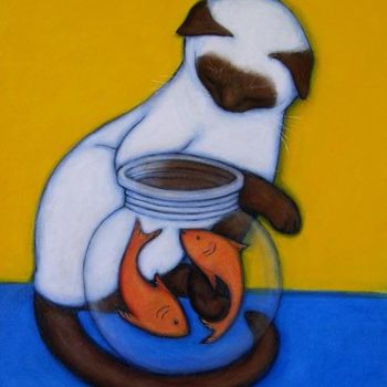 Ζωγραφική με τίτλο "Siamese with Goldfi…" από Heidi Shaulis, Αυθεντικά έργα τέχνης
