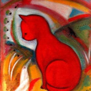 Peinture intitulée "Red Cat with 2 Birds" par Heidi Shaulis, Œuvre d'art originale