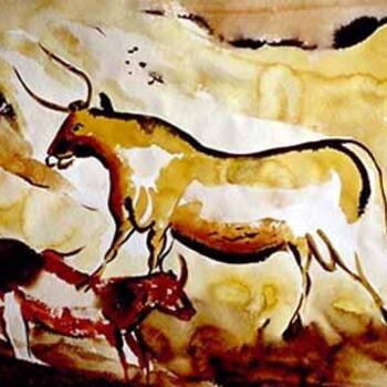 Pintura intitulada "Big Bull with red C…" por Heinz Sterzenbach, Obras de arte originais, Aquarela