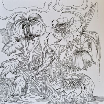 Dessin intitulée "Fleurs imaginaires" par Hel Swynghedauw, Œuvre d'art originale, Encre