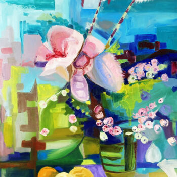 Картина под названием "Orchid Flower Oil P…" - Helen, Подлинное произведение искусства, Масло Установлен на Деревянная панель