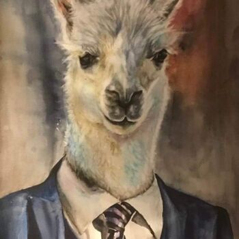 Pintura intitulada "Serge le Lama" por Helen Barenton, Obras de arte originais, Aquarela