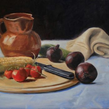 Painting titled "Still life with red…" by Helen Kerry, Original Artwork, Oil Mounted on Other rigid panel