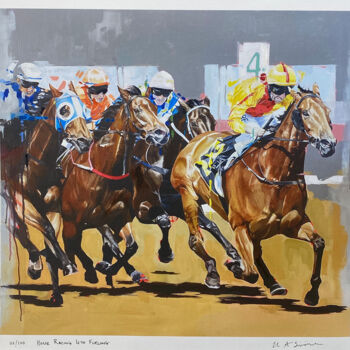 Printmaking titled "Horse Racing 4th Fu…" by Helen Sinfield, Original Artwork, Acrylic