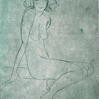 Incisioni, stampe intitolato "Girl taking a bath" da Helena Kalná, Opera d'arte originale, Incisioni su linoleum