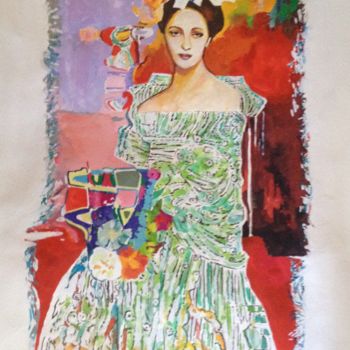 Peinture intitulée "Mujer con flores" par Helena Lebrato, Œuvre d'art originale, Gouache