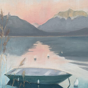 Peinture intitulée "Barque et roselière…" par Hélène Avot, Œuvre d'art originale, Huile