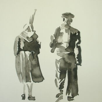 Peinture intitulée "Couple de Bretons" par Hélène Avot, Œuvre d'art originale, Encre