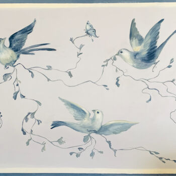 Painting titled "Oiseaux "à la Marie…" by Hélène Avot, Original Artwork, Oil