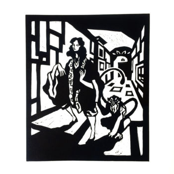 Printmaking titled "La Dame au Singe" by Hélène Bénistant, Original Artwork, Linocuts