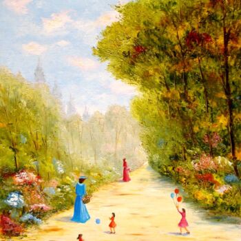 Painting titled "Promenade au parc" by Hélène Gastin-Mozol, Original Artwork, Oil