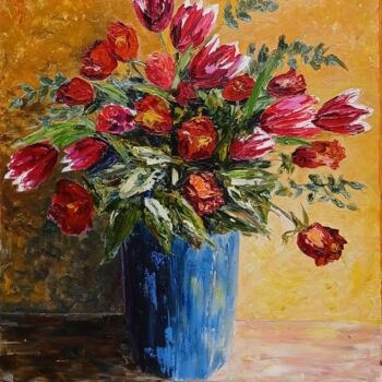 Pintura intitulada "Roses et tulipes ro…" por Hélène Gastin-Mozol, Obras de arte originais, Óleo Montado em Armação em madei…