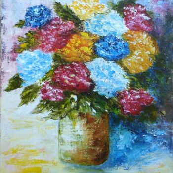 Peinture intitulée "Bouquet aux hortens…" par Hélène Gastin-Mozol, Œuvre d'art originale, Huile