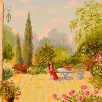 Painting titled "Repos au jardin" by Hélène Gastin-Mozol, Original Artwork, Oil