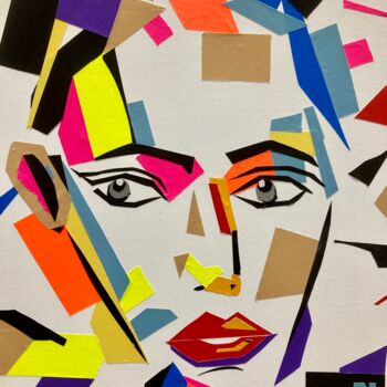 Collages titled "Pretty girl" by Hélène Jacob, Original Artwork, Tape Mounted on Wood Stretcher frame