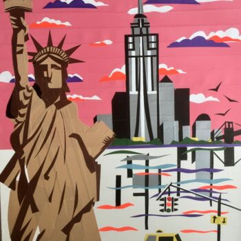 Collagen mit dem Titel "NYC" von Hélène Jacob, Original-Kunstwerk, Klebeband Auf Keilrahmen aus Holz montiert