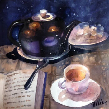 Painting titled "Tea" by Helene Manoli, Original Artwork, Watercolor