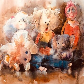Painting titled "Toys" by Helene Manoli, Original Artwork, Watercolor