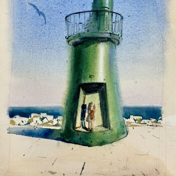 Painting titled "Green Lighthouse" by Helene Manoli, Original Artwork, Watercolor