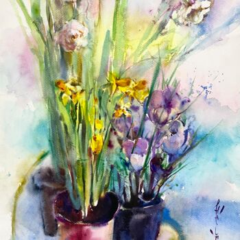 Peinture intitulée "Spring flowers" par Helene Manoli, Œuvre d'art originale, Aquarelle