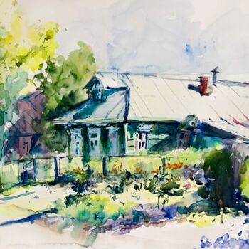 Painting titled "Green little house" by Helene Manoli, Original Artwork, Watercolor