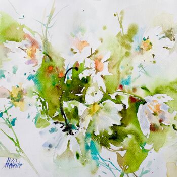 Painting titled "Camomille" by Helene Manoli, Original Artwork, Watercolor