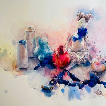 Painting titled "Sewing threads" by Helene Manoli, Original Artwork, Watercolor