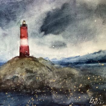Malerei mit dem Titel "Lighthouse on the i…" von Helene Manoli, Original-Kunstwerk, Aquarell