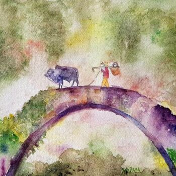 Pittura intitolato "le pont" da Helene Miaz, Opera d'arte originale, Acquarello