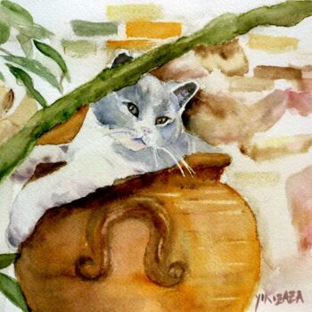 Peinture intitulée "le chat dans la pot…" par Helene Miaz, Œuvre d'art originale, Aquarelle