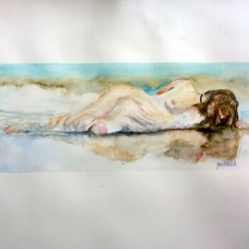Peinture intitulée "la femme sur la pla…" par Helene Miaz, Œuvre d'art originale, Aquarelle