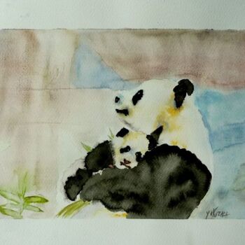 Painting titled "les pandas" by Helene Miaz, Original Artwork, Watercolor