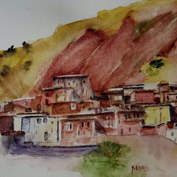 Peinture intitulée "le village berbere…" par Helene Miaz, Œuvre d'art originale, Aquarelle