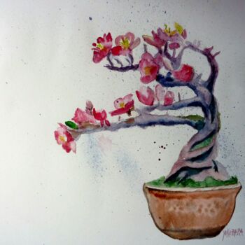 Pittura intitolato "le bonsai fleuri" da Helene Miaz, Opera d'arte originale, Acquarello