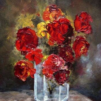 Painting titled "roses rouges" by Hélène Molina, Original Artwork, Oil